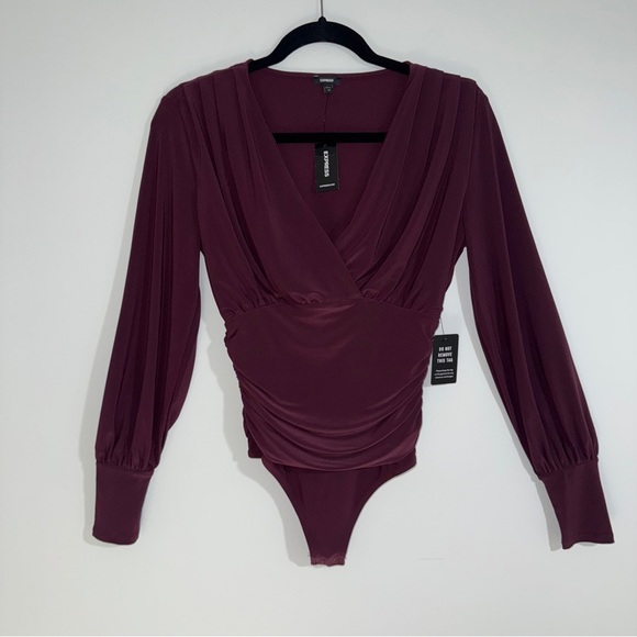 Express Tops - Express Long Sleeve Draped Surplice Bodysuit Burgundy Wine Size XS NWT